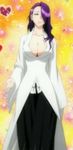  bleach breasts cleavage curvaceous green_eyes hair_covering_eyes huge_breasts kimono oppai purple_hair white_dress 
