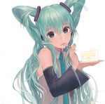  bare_shoulders cake detached_sleeves eating face food fork green_eyes green_hair hair_ornament hands hatsune_miku holding holding_fork long_hair matayoshi md5_mismatch necktie plate solo twintails very_long_hair vocaloid 