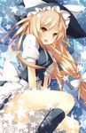  bare_legs black_legwear blonde_hair hair_ribbon hat kirisame_marisa kneehighs long_hair ribbon samegami socks solo star touhou v_arms witch_hat yellow_eyes 