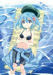  air_mattress bike_shorts bikini bikini_top black_bikini black_legwear blue_dress blue_eyes blue_hair clothes_around_waist dress hair_bobbles hair_ornament hands_clasped hat jacket_around_waist kawashiro_nitori lying maturiuta_sorato navel on_back own_hands_together partially_submerged smile solo swimsuit touhou two_side_up water 