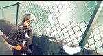  birdcage cage chain-link_fence eyepatch feathers fence grey_hair hinata_(hinata123) inazuma_eleven inazuma_eleven_(series) long_hair male_focus red_eyes rooftop sakuma_jirou solo tears 