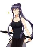  bad_id bad_pixiv_id bare_shoulders black_eyes blush breasts busujima_saeko cleavage highschool_of_the_dead large_breasts long_hair mosuko ponytail purple_hair side_slit simple_background skirt solo star tank_top thighhighs very_long_hair weapon 