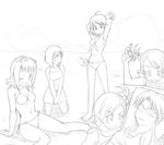  amami_haruka awakened_miki bikini breasts cleavage crab futami_ami futami_mami greyscale hagiwara_yukiho hoshii_miki idolmaster idolmaster_(classic) idolmaster_1 kisaragi_chihaya medium_breasts monochrome multiple_girls one_eye_closed rison side-tie_bikini side_ponytail sketch small_breasts swimsuit 