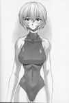  ayanami_rei bare_shoulders breasts cameltoe casual_one-piece_swimsuit covered_nipples greyscale highleg highleg_swimsuit highres impossible_clothes impossible_swimsuit large_breasts mogudan monochrome navel neon_genesis_evangelion one-piece_swimsuit scan short_hair skin_tight sleeveless sleeveless_turtleneck solo swimsuit turtleneck 