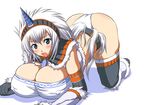  akino_hamo all_fours blue_eyes blush breast_press breasts bursting_breasts cleavage covered_nipples hairband highres horn huge_breasts kirin_(armor) monster_hunter open_mouth solo thighhighs white_hair 