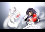  akemi_homura black_hair blue_eyes bow boxing boxing_gloves designer123 hairband hajime_no_ippo highres kyubey letterboxed long_hair magical_girl mahou_shoujo_madoka_magica parody punching purple_hair style_parody 