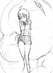  ahoge andou_jumu black_hair bob_cut cenco cencoroll frown greyscale monochrome monster school_uniform short_hair sketch skirt skirt_lift traditional_media yuki_(cencoroll) 