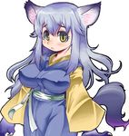  animal_ears belt breasts chinjuu_hibakichi colored_eyelashes gallon genderswap genderswap_(mtf) large_breasts lavender_hair long_hair long_sleeves midnight_bliss sidelocks solo tail vampire_(game) werewolf white_background wide_sleeves wolf_ears yellow_eyes 