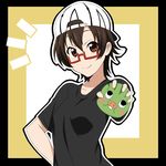  1girl alternate_color baseball_cap brown_eyes brown_hair cosplay foreshortening gen_2_pokemon glasses hat holding ikari_manatsu k-on! manabe_nodoka pokemon red-framed_eyewear semi-rimless_eyewear short_hair smile solo swinub under-rim_eyewear upper_body 