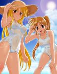  blonde_hair breasts brown_hair cloud covered_nipples day fate_testarossa g-tetsu hat highres lyrical_nanoha mahou_shoujo_lyrical_nanoha_strikers medium_breasts multiple_girls nipples one-piece_swimsuit open_mouth outdoors purple_eyes red_eyes school_swimsuit see-through sky smile straw_hat swimsuit takamachi_nanoha white_school_swimsuit white_swimsuit 