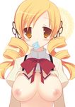  bad_id bad_pixiv_id blonde_hair bow breasts condom condom_in_mouth drill_hair large_breasts long_hair mahou_shoujo_madoka_magica mouth_hold nipples school_uniform shirt_lift solo sumii tomoe_mami twin_drills twintails yellow_eyes 