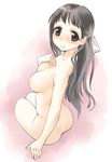  ass black_hair blush breasts collarbone from_above from_behind gk hair_ribbon hand_on_own_chest large_breasts long_hair looking_at_viewer looking_back looking_up nipples nude original ribbon smile soaking_feet solo very_long_hair water white_ribbon 