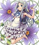  :&gt; ano_hi_mita_hana_no_namae_wo_bokutachi_wa_mada_shiranai. barefoot blue_eyes bow bowtie drawr dress flower frilled_dress frills goe grey_hair honma_meiko jumping long_hair skirt sleeveless sleeveless_dress solo sundress white_skirt 