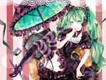  bad_id bad_pixiv_id boots bow collar cushion dress garter_straps green_eyes green_hair hair_bow hatsune_miku headphones high_heels instocklee knee_boots long_hair panties shoes single_shoe sitting solo striped striped_background striped_legwear striped_panties thighhighs twintails umbrella underwear very_long_hair vocaloid 