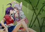  ahoge angeldust animal_ears bamboo breasts bunny_ears chunichi_dragons cigarette_kiss cleavage cosplay doala genderswap genderswap_(mtf) large_breasts long_hair morswa multiple_girls necktie nippon_professional_baseball no_bra open_clothes open_shirt purple_hair red_eyes reisen_udongein_inaba shirt skirt sleeves_rolled_up tail touhou translated yagokoro_eirin yagokoro_eirin_(cosplay) yuri 