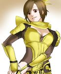  1girl 25sobadokoro armor brown_eyes brown_hair female from_below hair_ornament leotard looking_down nene ribbon sengoku_musou sengoku_musou_2 sengoku_musou_3 short_hair solo standing yellow_ribbon 