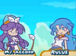  2girls accord_sensei blue_hair cat english glasses hat madou_monogatari multiple_girls popoi purple_hair puyopuyo rulue 