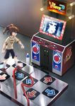  arcade arcade_cabinet bad_id bad_pixiv_id black_eyes bottle brown_hair casual dancing highres idolmaster idolmaster_(classic) in_the_groove in_the_groove_2 playing_games short_hair shorts solo takatsuki_yayoi totokichi twintails wristband 