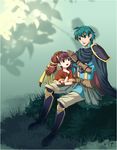  aqua_eyes aqua_hair arm_support armor cape dragon_girl dragon_wings dress ephraim eye_contact fire_emblem fire_emblem:_seima_no_kouseki fire_emblem_sacred_stones gloves grass greaves green_eyes green_hair hand_on_head happy looking_at_another myrrh open_mouth prince purple_hair red_eyes short_hair sitting smile wings 