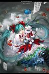  aqua_eyes aqua_hair bow cd_player detached_sleeves dress earbuds earphones elbow_gloves flower gloves hatsune_miku highres kneehighs long_hair nail_polish single_earphone_removed snow solo striped striped_legwear thighhighs twintails very_long_hair vocaloid 