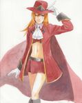  belt boots brown_eyes cape coat female final_fantasy final_fantasy_iii gloves hat long_hair midriff miniskirt open_clothes open_coat orange_hair refia shirayukiss skirt solo white_background white_gloves wink 