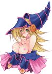  1girl blonde_hair blush breasts dark_magician_girl duel_monster fuyube_rion green_eyes hat highres large_breasts long_hair nipples no_bra oppai pout simple_background solo yu-gi-oh! yugioh yuu-gi-ou_duel_monsters 