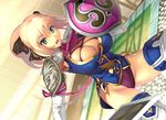  blonde_hair breasts cassandra_alexandra cleavage elbow_gloves gloves green_eyes large_breasts long_hair necktie pink_neckwear ponytail shield solo soulcalibur soulcalibur_iv sword thighhighs weapon yn_red 