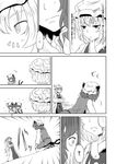  animal_ears cat_ears cat_tail chen comic fox_tail greyscale hat holding_own_tail monochrome multiple_girls multiple_tails nekomata surprised tail touhou translated yakumo_ran yokochou 