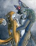  anthro blue_eyes breasts canine couple duo eye_contact feline female hypnosis interspecies lizard looking_at_each_other male mammal mind_control nude open_mouth reptile ru ruaidri scalie standing straight topless 
