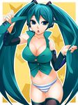  breasts cleavage detached_sleeves green_eyes green_hair hatsune_miku headphones large_breasts long_hair microphone midriff nail_polish navel necktie open_mouth orange_nails panties skindentation solo striped striped_panties thighhighs torigoe_takumi twintails underwear vocaloid 
