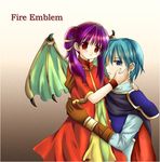  aqua_hair armor blue_eyes blush bracelet cape carrying dragon_girl dragon_wings dress ephraim fire_emblem fire_emblem:_seima_no_kouseki fire_emblem_sacred_stones gloves green_hair hand_on_another's_face hand_on_face holding hug jewelry myrrh prince purple_hair red_eyes short_hair wings 