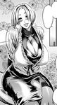  breasts cleavage comic copyright_request curvy greyscale huge_breasts monochrome plump short_hair sitting solo st-retcher thick_thighs thighhighs thighs 