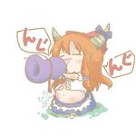  alcohol belly blush bottle bow chibi closed_eyes dekasudachin drinking hair_bow horn_ribbon horns ibuki_suika inflation midriff navel orange_hair pointy_ears ribbon sake shirt sitting skirt solo touhou translated 