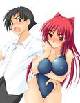  1girl between_breasts black_hair blush breasts brown_eyes highleg highleg_swimsuit kouno_takaaki kousaka_tamaki long_hair naughty_face open_mouth red_hair school_swimsuit shirt short_hair sweat swimsuit to_heart_2 tsurime white_shirt zekkyon 