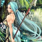  alf874 ass backless_outfit blue_eyes blue_hair bodysuit exalted forest highres long_hair looking_back muscle muscular_female nature original polearm solo spear very_long_hair weapon 