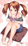  anjou_naruko ano_hi_mita_hana_no_namae_wo_bokutachi_wa_mada_shiranai. bare_shoulders barefoot blush breasts brown_eyes brown_hair cleavage feet game_boy game_boy_advance_sp handheld_game_console medium_breasts pillow playing_games shorts sitting smile solo takasaka_donten twintails 