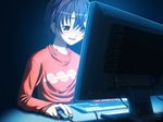  ayakashi ayakashi_h blue_hair blush brown_eyes computer game_cg keyboard_(computer) kusaka_yuu male_focus mouse_(computer) smirk solo toma_(asagayatei) 