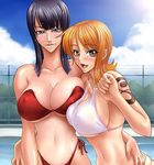  2girls belly bikini bikini_pull black_hair breasts brown_eyes character_request curvaceous erect_nipples fence large_breasts mizugi navel open_mouth oppai pale pool red_bikini red_hair smile tagme tattoo white_bikini wide_hips yellow_eyes 