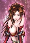  absurdres bare_shoulders bent_over big_breasts breasts brown_eyes brown_hair cleavage detached_sleeves earrings female garters gradient gradient_background hairband highres jewelry kaihime large_breasts long_hair nipples sengoku_musou sengoku_musou_3 solo thighhighs wardrobe_malfunction yurikame 