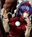  bad_id bad_pixiv_id blue_hair dacho hair_ornament purple_eyes rope shide shimenawa snake solo touhou upper_body yasaka_kanako 