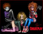 axe blonde blood boots bottomless child&#039;s_play chucky cleavage eye_shadow genderswap high_heels jacket leather leather_jacket leather_pants makeup oppai red_hair scar short_hair stitches tiffany_(chucky) weapon yukaman 