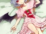  bare_legs bat_wings dress embellished_costume frilled_dress frills hands lavender_hair lying no_hat no_headwear on_back pink_skirt purple_hair red_eyes remilia_scarlet ribbon short_hair skirt solo touhou tsuneaki_(dosnan) wings 