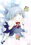  absurdres blue_eyes blue_hair bow cirno food frog frozen frozen_frog hair_bow highres popsicle short_hair solo tommy_(microstoria) touhou watermelon_bar wings 