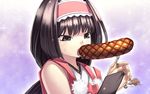  2010 agarest_senki agarest_senki_(series) black_eyes black_hair bridal_gauntlets company_name copyright_name eating food fork game_cg hairband highres hirano_katsuyuki long_hair official_art open_mouth phallic_symbol purple_background saliva sausage sexually_suggestive sweat yayoi_(agarest_senki) 