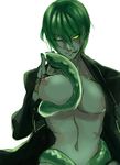  ;p areolae aya_(min412) blazblue breast_lift breasts fingerless_gloves genderswap genderswap_(mtf) gloves hazama large_breasts long_coat navel nipples no_bra one_eye_closed snake solo tongue tongue_out yellow_eyes 