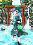  backpack bag bike_shorts blue_eyes blue_hair hair_bobbles hair_ornament hat highres kawashiro_nitori key looking_back ryoubu_torii scenery shiroshi_(denpa_eshidan) short_hair solo stone_lantern themed_object toolbox tools torii touhou two_side_up water waterfall 