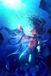  armaros blue_eyes blue_hair bubble el_shaddai highres long_hair male_focus solo sunakumo sunlight underwater water 