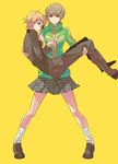  1girl brown_eyes brown_hair carrying hanamura_yousuke ishiwari persona persona_4 princess_carry satonaka_chie school_uniform short_hair skirt 