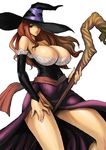  breasts cleavage dragon's_crown dress elbow_gloves gloves hat huge_breasts joy_ride legs lips long_hair no_panties red_hair side_slit solo sorceress_(dragon's_crown) staff strapless strapless_dress thighs witch_hat 