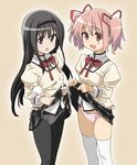  akemi_homura black_eyes black_hair black_legwear blush homing_(areya) kaname_madoka long_hair mahou_shoujo_madoka_magica mitakihara_school_uniform multiple_girls open_mouth panties panties_under_pantyhose pantyhose pink_eyes pink_hair school_uniform short_hair skirt skirt_lift smile striped striped_panties thighhighs twintails underwear white_legwear 